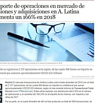 Importe de operaciones en mercado de fusiones y adquisiciones en A. Latina aumenta un 166% en 2018